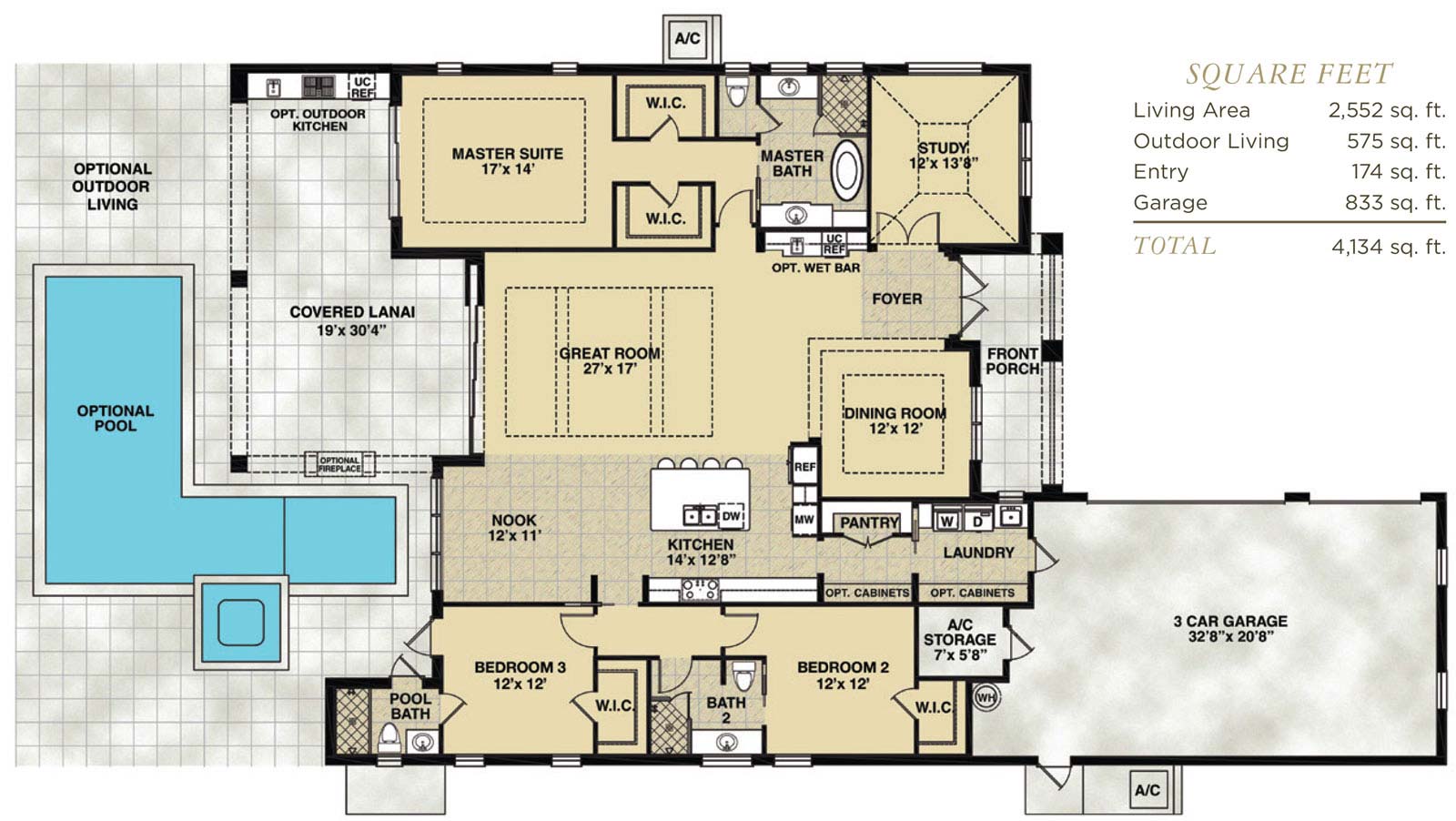 Largo Floor Plan in Hidden Harbor Estates, Fort Myers, Stock Construction, Three Bedroom, Three Bath, Great Room, Dining Room, Study, Outdoor Living, 3-Car Garage